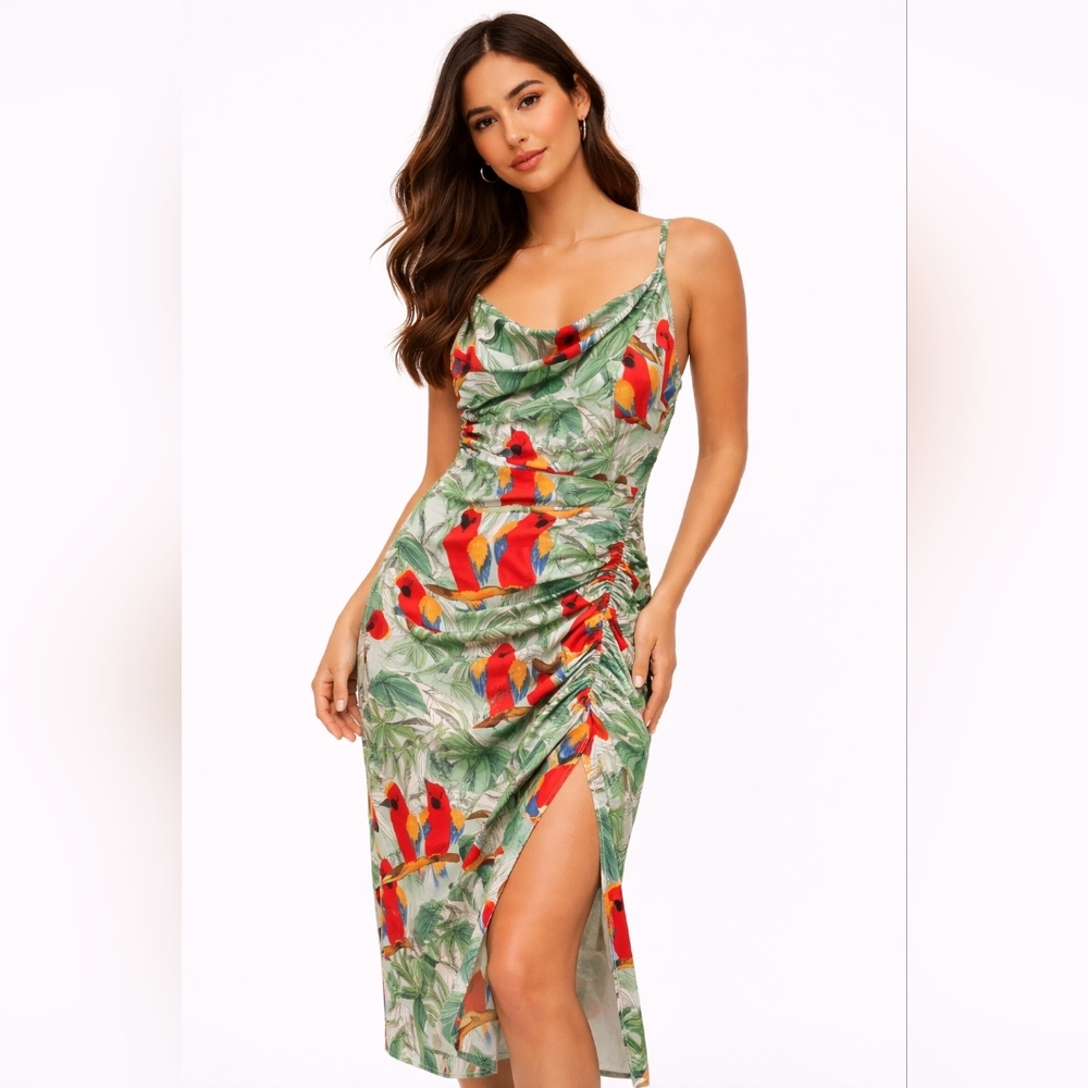 Milly Silk Blend Parrot Print Midi Dress Tropical Birds Ruched Side Slip Dress 8